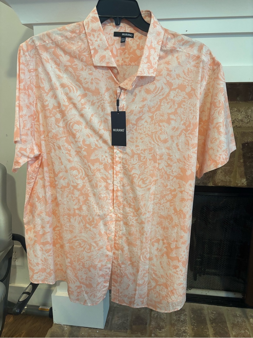 Murano Peach and White Floral  Short Sleeve Button-Down Shirt